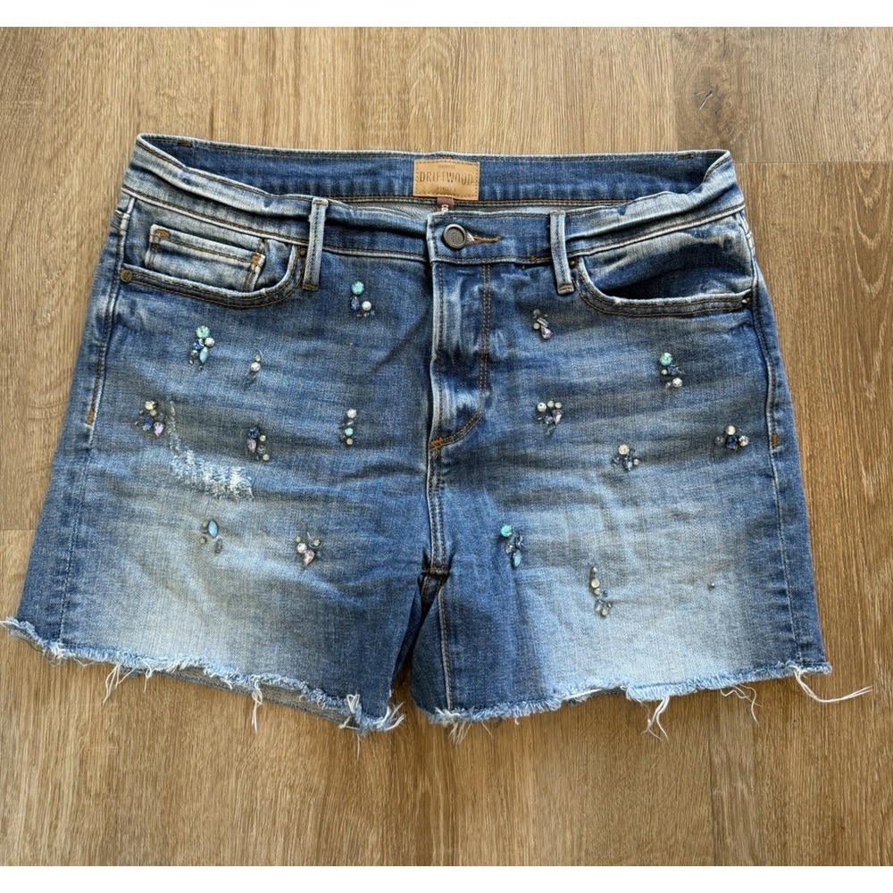 Driftwood Embellished Stones Connie Denim Shorts Frayed Hem Boho Womens 28